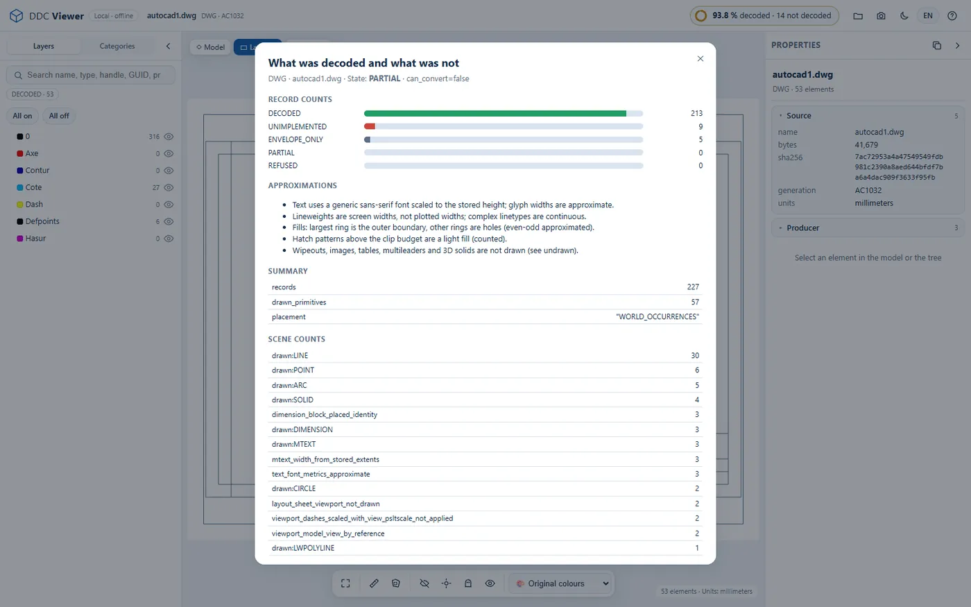 Coverage dialog in DDC Viewer: decoded, not implemented and envelope-only record counts for autocad1.dwg