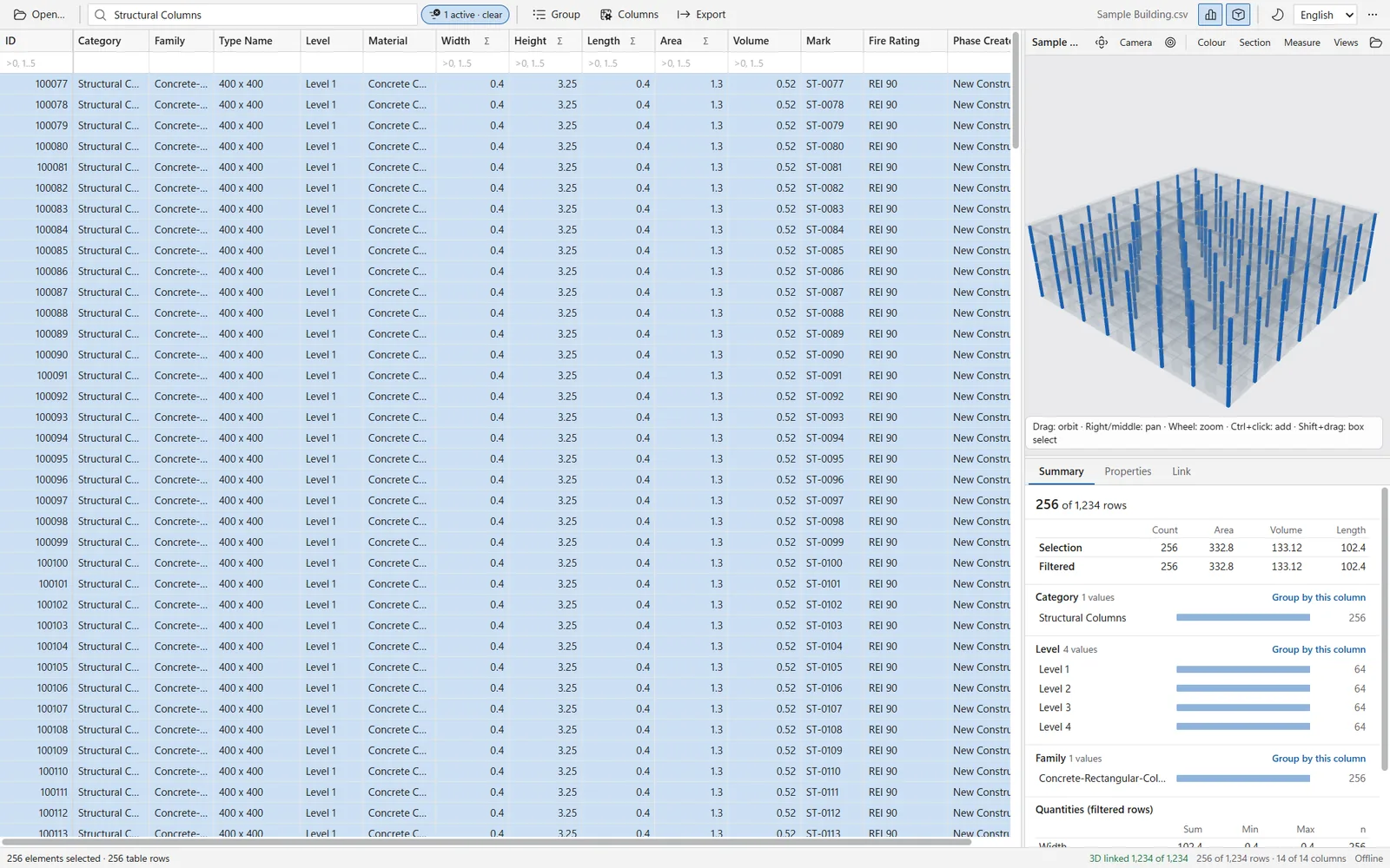 DDC Data Viewer: filtered table rows on the left, the linked structural columns highlighted in blue in the 3D pane, summary panel below