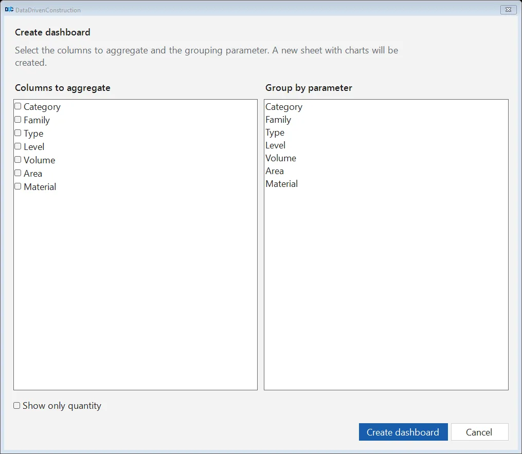 DDC Excel add-in, Create dashboard dialog with columns to aggregate and a group-by list