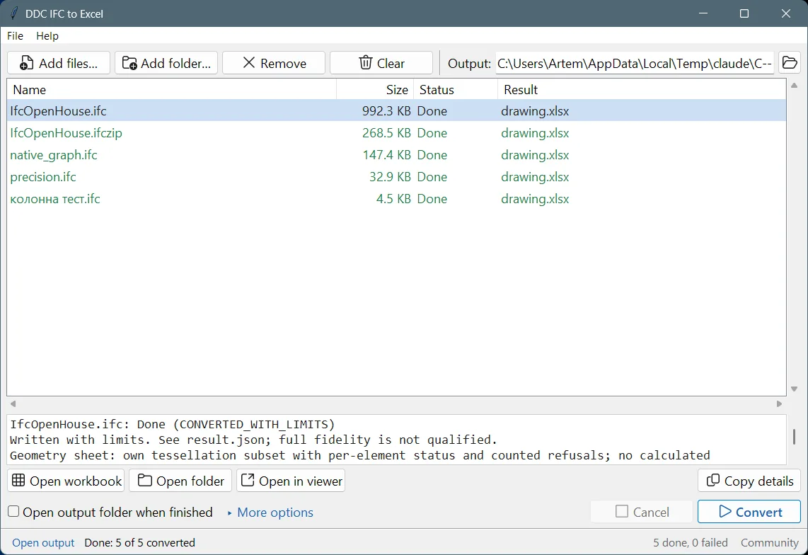 IFC to Excel window with five converted IFC files