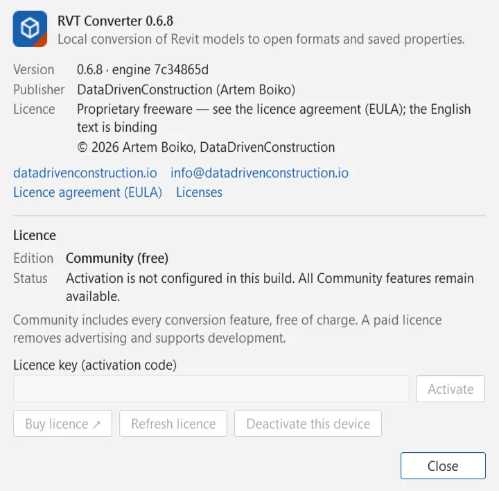 About dialog of RVT Converter 0.6.8 with the Community edition status