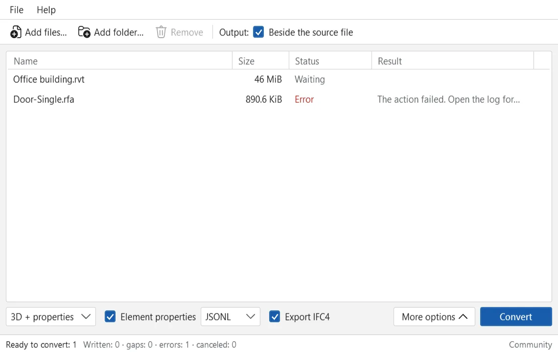 RVT Converter window with one waiting RVT file and one failed RFA file