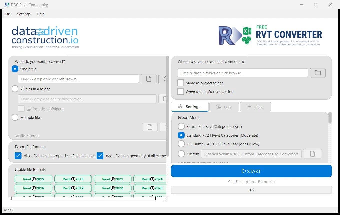 DDC Revit Community window: single file or folder, output folder, export mode, XLSX and DAE options, Start