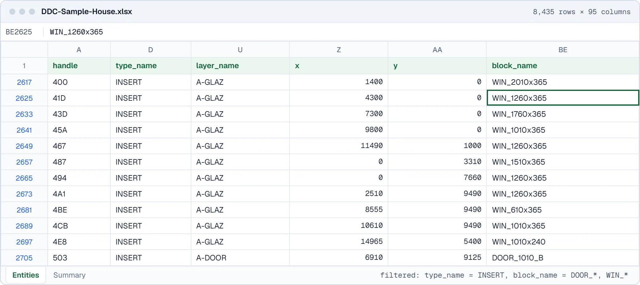 DDC-Sample-House.xlsx: window and door block inserts with handle, type_name, layer_name, x, y and block_name