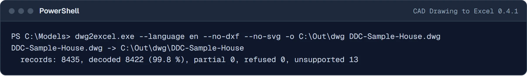 Console run of CAD Drawing to Excel 0.4.1 on DDC-Sample-House.dwg: 8,435 records, 99.8 % decoded