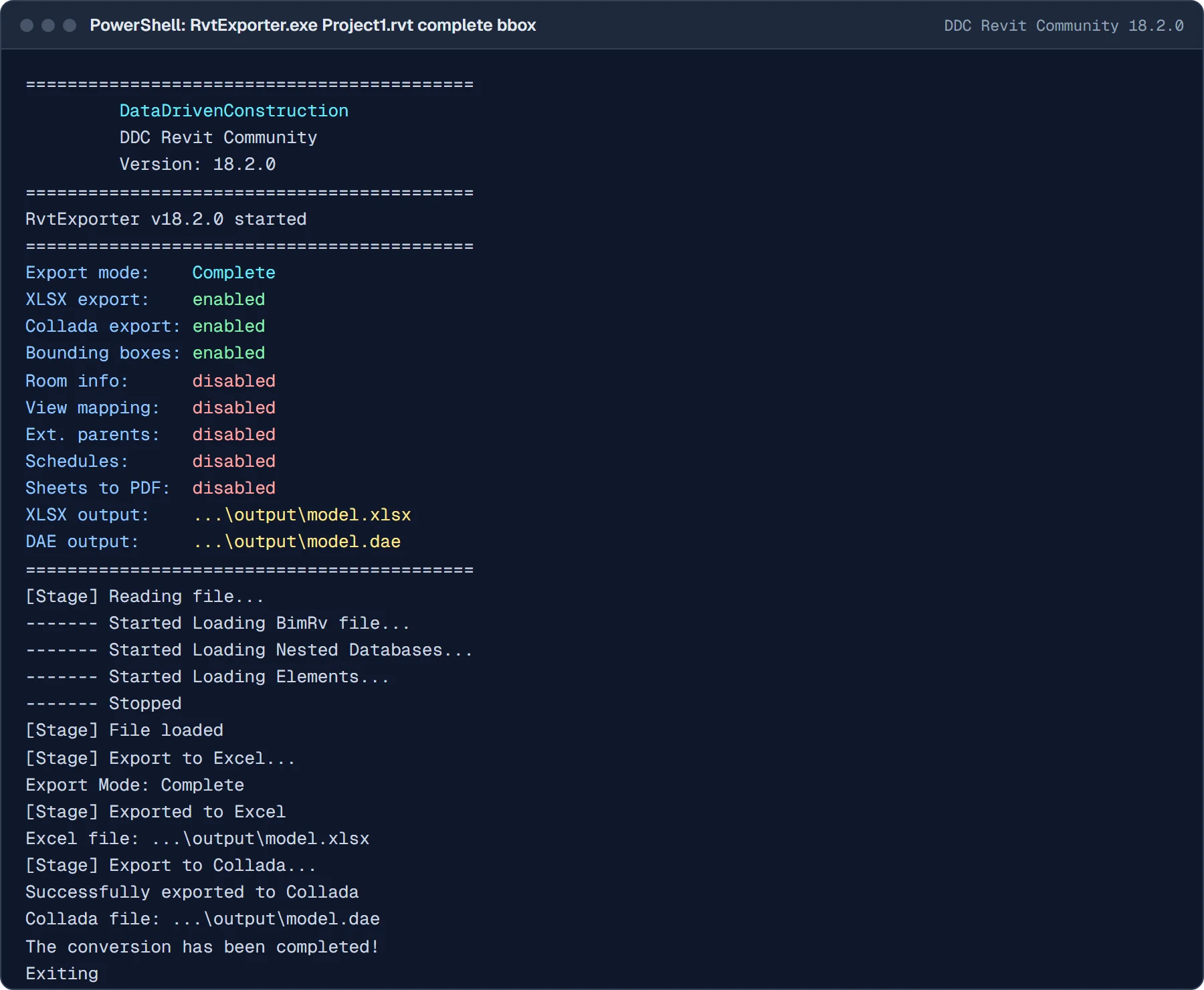 Full console log of RvtExporter 18.2.0 for the same file: settings, loading stages, Excel and Collada export, completed