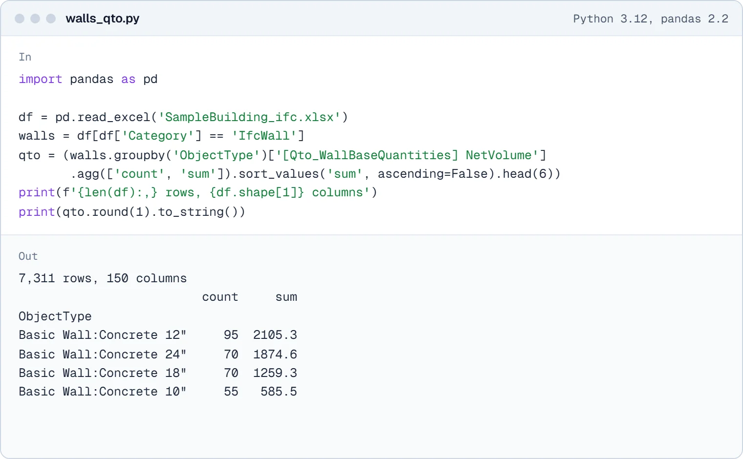 pandas script grouping the IFC walls by type and its output